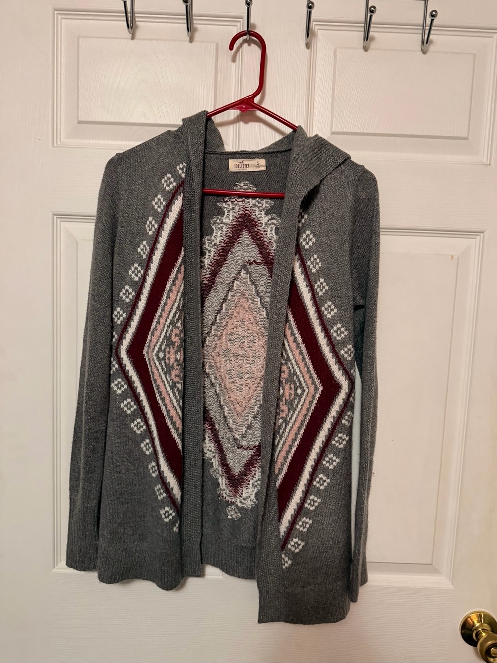 Hollister Gray Hooded Open-Front Cardigan with Burgundy & Blush Aztec Pattern